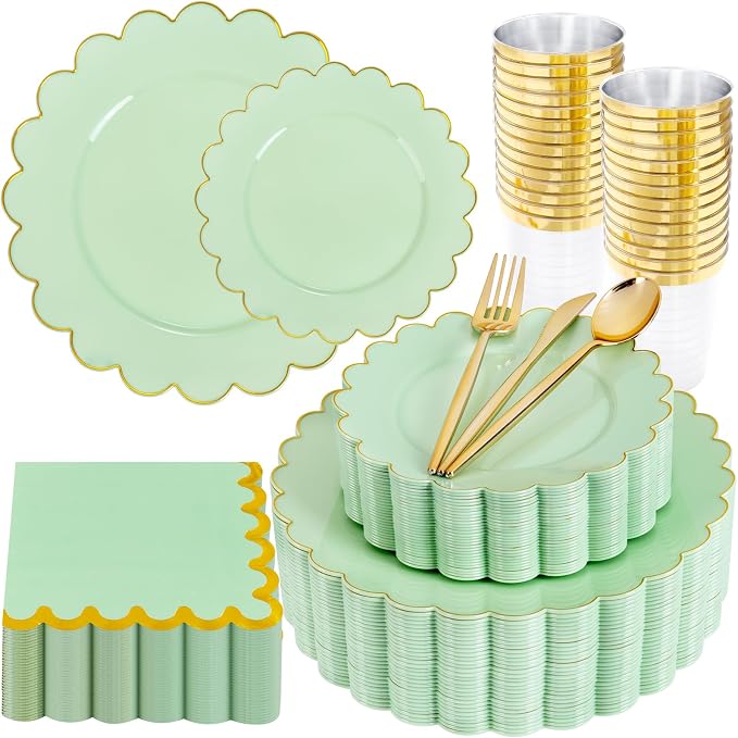 LIYH 210Pcs Gold Trim Sage Green Plastic Plates, Dinnerware Set by LIYHLoveinyourheart