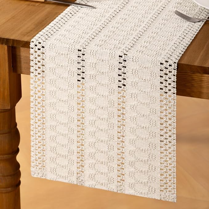 Ivory Boho Table Runner Farmhouse Macrame Woven Table Runner 12x90 Inch | Small - Image 4