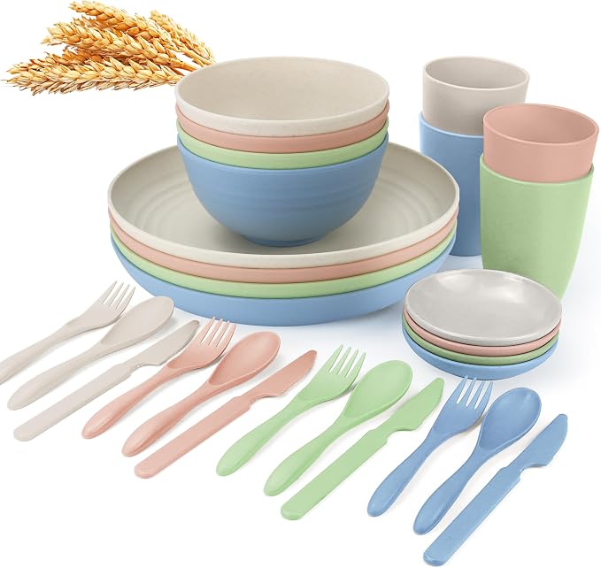 wheat straw bowls, cups and cutlery sets 28 pcs by WROVA