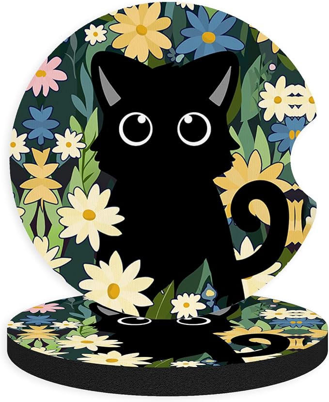 2pcs Cute Black Cat Car Coasters, Absorbent Universal neoprener Cup Holder by Unknown