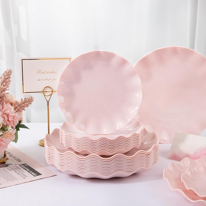 LIYH 24 Pcs Pink Plastic Plates Reusable, Light Weight Daisy Wavy Plate Parties - Image 8