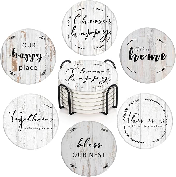 Coasters for Drinks, Ceramic Stone Grey Wood | Absorbent Round Table Mat by BRIBAY