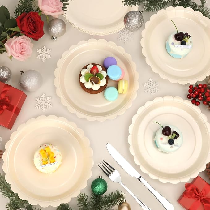 52 Pcs Beige Paper Plates 7 Inch Scalloped Dessert Plates - Image 6