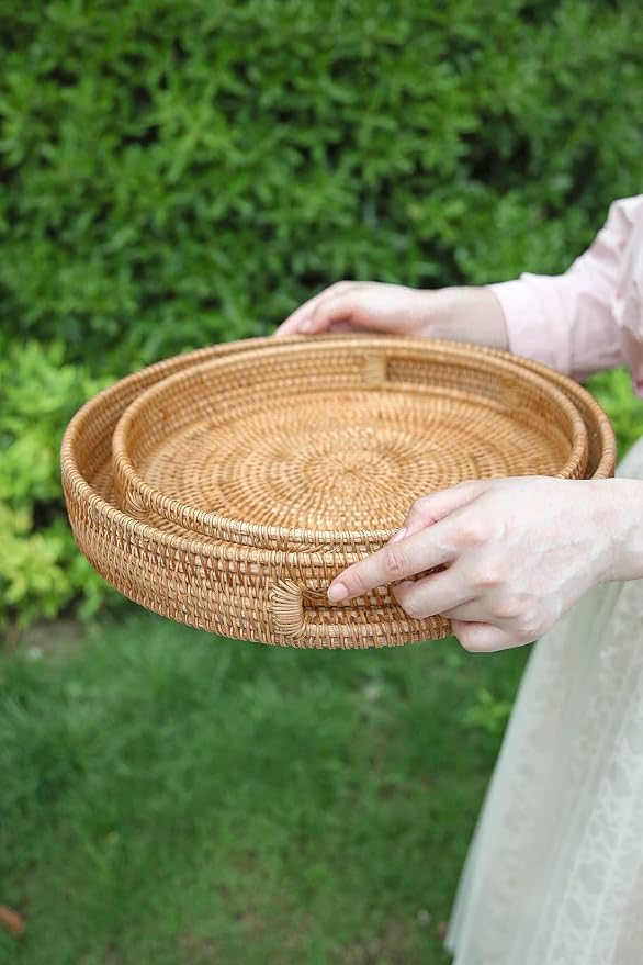 HITOMEN Hand-Woven Round Rattan Serving Tray Decorative Ottoman Wicker Platter - Image 4
