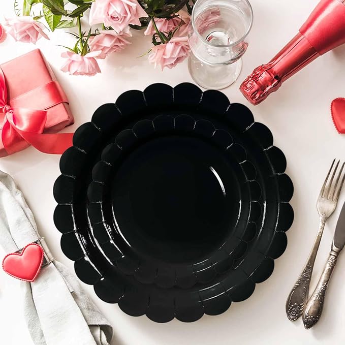 50 Pcs Black Scalloped Paper Plates 25 × 7'' and 25 × 9'' Disposable Black - Image 4