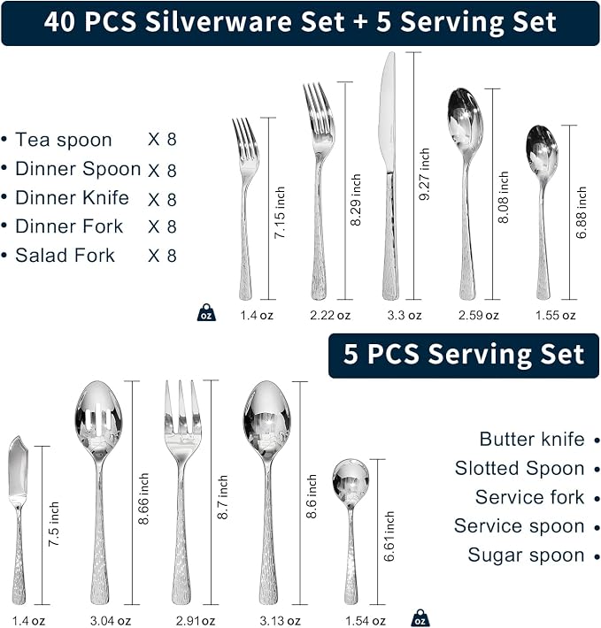 Silverware Set with Serving Utensils, 45 Piece Flatware Set, 18/10 Steel | - Image 2