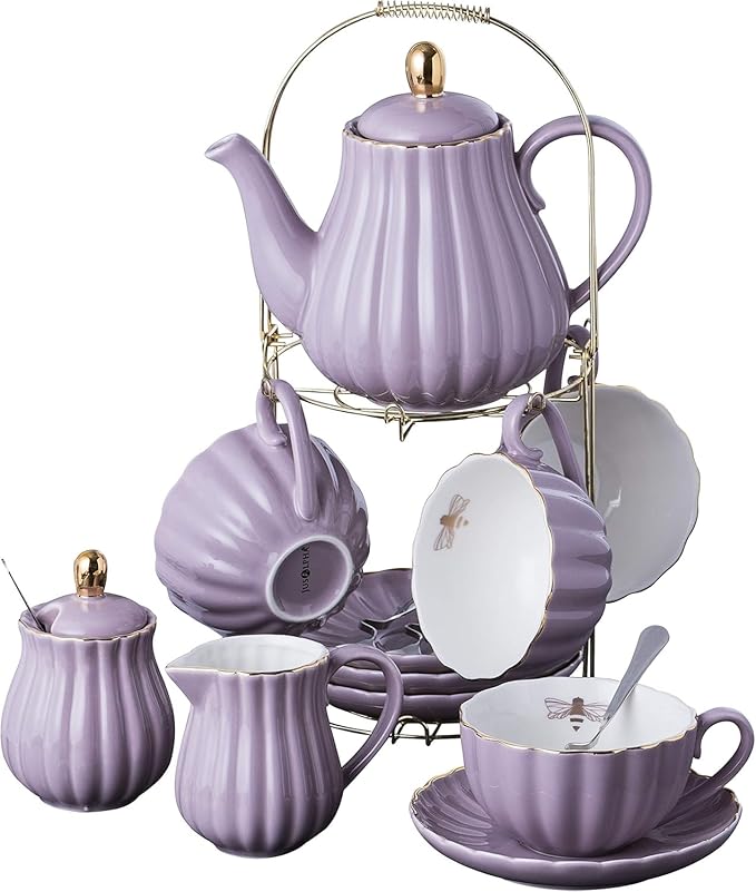 Jusalpha Porcelain Tea Set- 8 OZ Coffee/Teacup, Cup Holder, Serve of 4- by Jusalpha