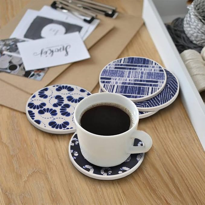 AD Set of 6 Coasters for Drinks Absorbing Round Ceramic Stone Coaster - Image 7