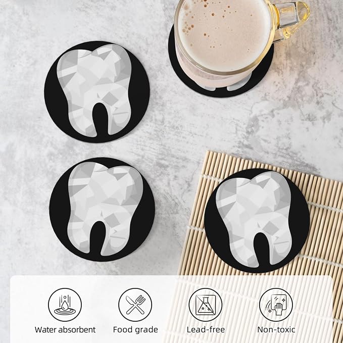 Tooth Dental Dentist Black Coasters Set of 4, Absorbent Ceramic Drink Coasters - Image 5
