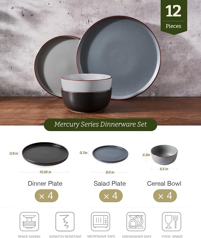 Famiware Mercury 12-Piece Stoneware Dinnerware Set, Warm Hand-Painted Rims - Image 2