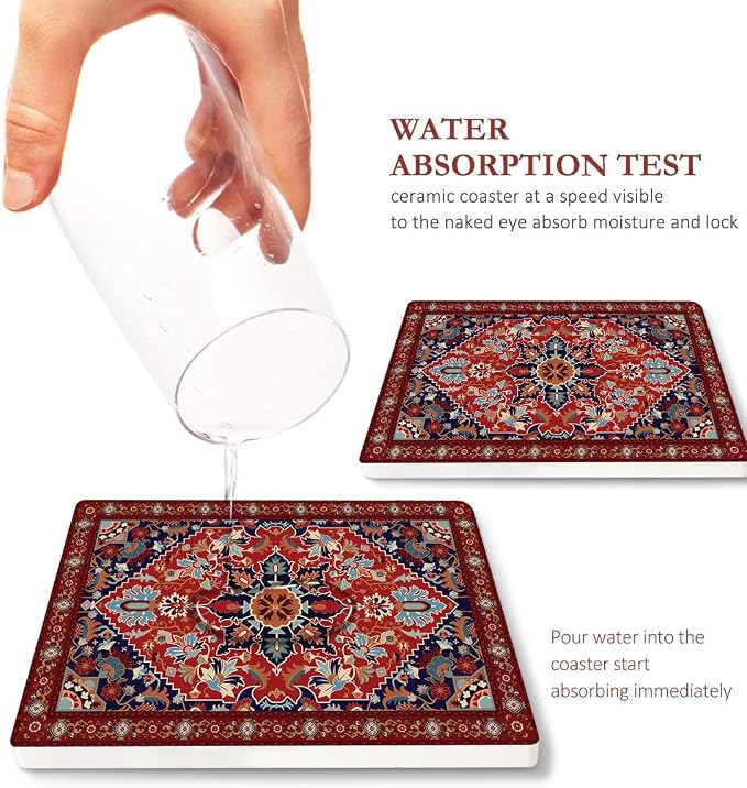 Geometric Coasters for Drinks, Ceramic Stone | Tribal Absorbent Square Table Mat - Image 3