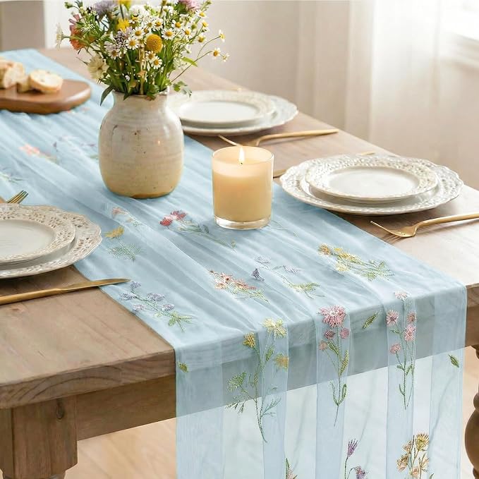 Artoid Mode Wildflower Floral Sky Blue Gauze Embroidery Table Runner 120 Inch - Image 4
