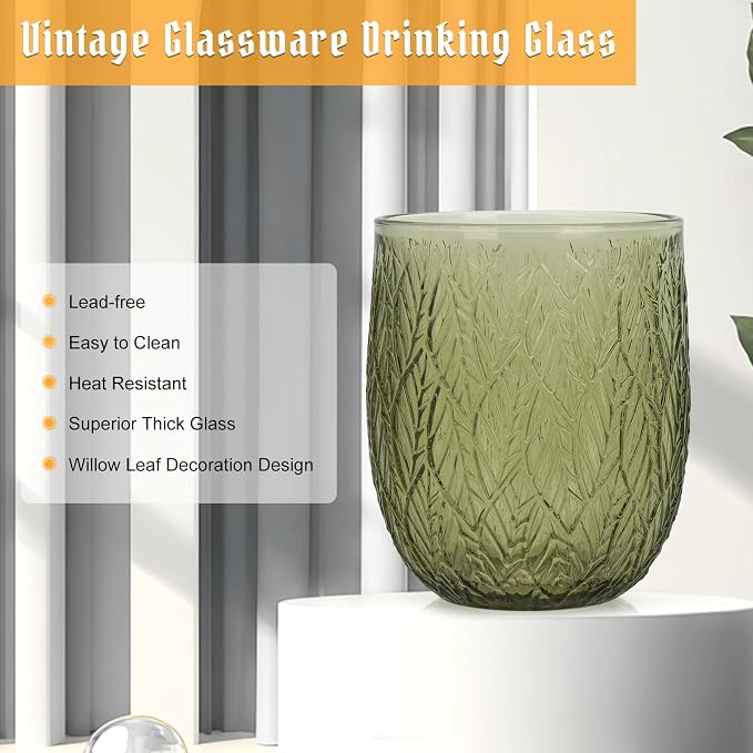 Topsky Vintage Drinking Glass Set of 4, 12 oz Embossed Willow Leaf Drinkware Set - Image 4