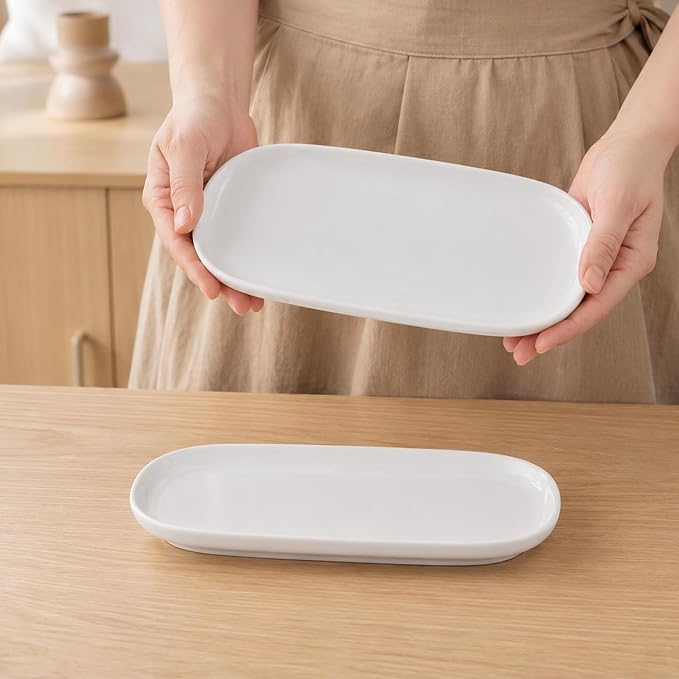 Oval Serving Plates, 10 Inch White Ceramic Dessert Appetizer Platters Trays Set - Image 2