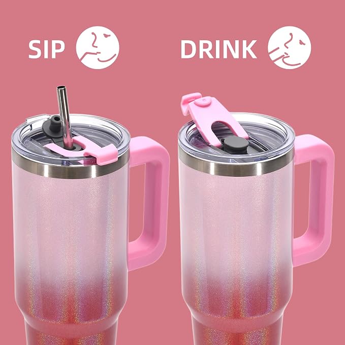 40 oz Shiny Tumbler with Handle and Straw, Stainless Steel Tumbler with Lid and - Image 3