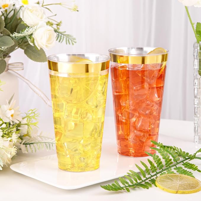 I00000 16 oz Gold Plastic Cups, 50 Pack Clear Plastic Cups Tumblers Gold Rimmed - Image 2
