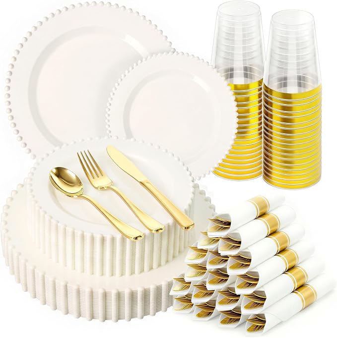 350pcs Plastic Dinnerware Set Ivory 50 Guests by cheerserve