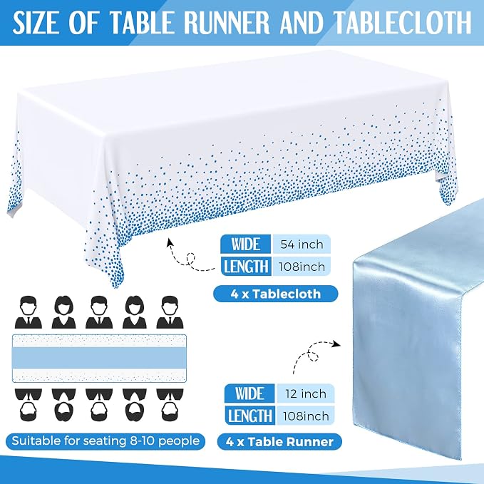 8 Pack Winter Baby Blue and White Disposable Plastic Tablecloths and Satin - Image 2