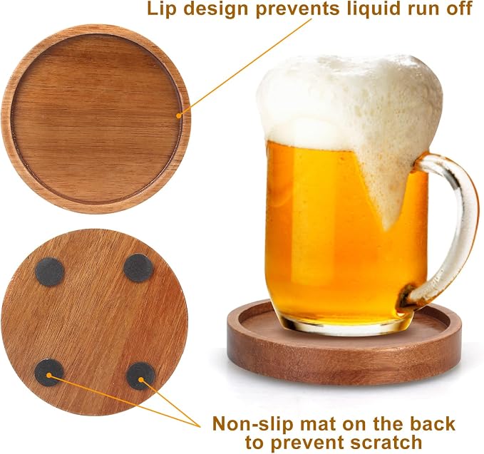Acacia Wood Coasters Set of 8 Bar Accessories Table Decor Wooden Coaster | - Image 3