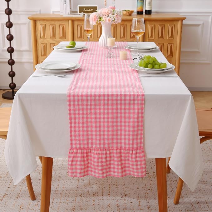 Coral Pink White Plaid Gingham Ruffle Table Runner 72 inches Long 100% Washed by KMASANIJI