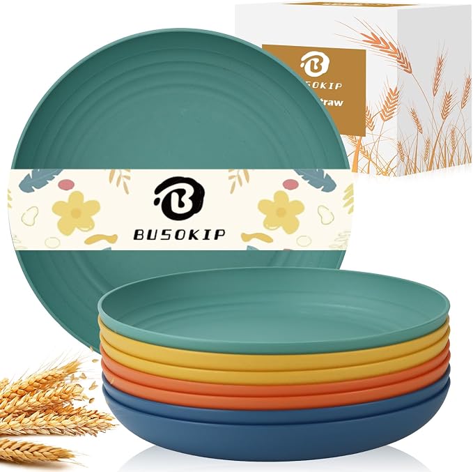 11 Inch Large Wheat Straw Plates 8 Pieces, Unbreakable Dinner Plates Reusable by BUSOKIP