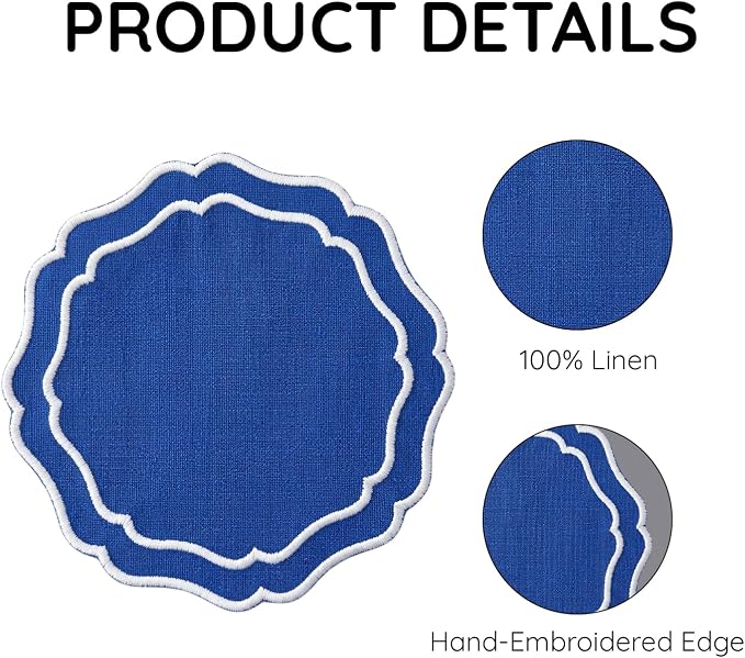 Linen Drink Coasters, 4.5 inch, Royal Blue | Absorbent Linen Drink Mats - Image 4