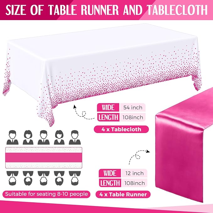 8 Pack White and Hot Pink Disposable Plastic Tablecloths and Satin Table Runner - Image 2