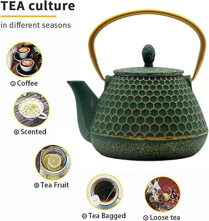 YJX Cast Iron Teapot and Tea Cups Set, 33.8oz Hexagon Pattern Tea Set - Image 4