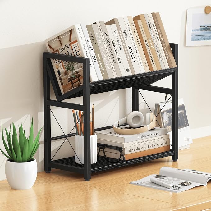 ELITEROO Desktop Bookshelf, 2 Tier Desk Book Organizer Shelf, Wood Tabletop - Image 2