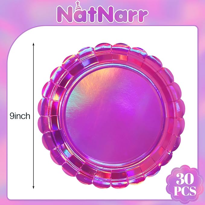 NatNarr 30 Pk Iridescent Pink Plates 9" Holographic Dessert Cake Plates | - Image 2
