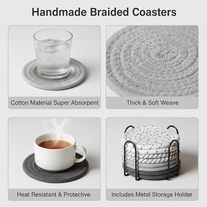 Drink Coasters Set of 8 with Holder, Cotton Woven | Absorbent cotton woven - Image 5