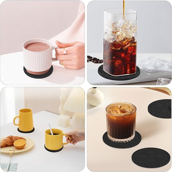 Black Silicone Coasters with Holder, 4 Inch Modern Non-Slip Drink Coasters Set - Image 6