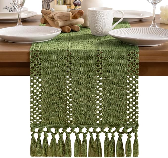 MLMW Boho Olive Green Table Runner 60 inches Small Coffee Table Runner Green by MLMW