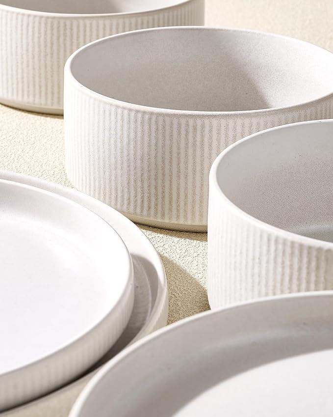 Stoneware Dinnerware Set for 4, Matte White Reactive Glaze | 12 pcs Ceramic - Image 4