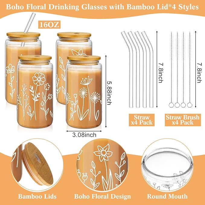 Mumufy 4 Pack Glass Cups Gift Aesthetic Cute Glass Cup Tumbler Flower Iced - Image 2
