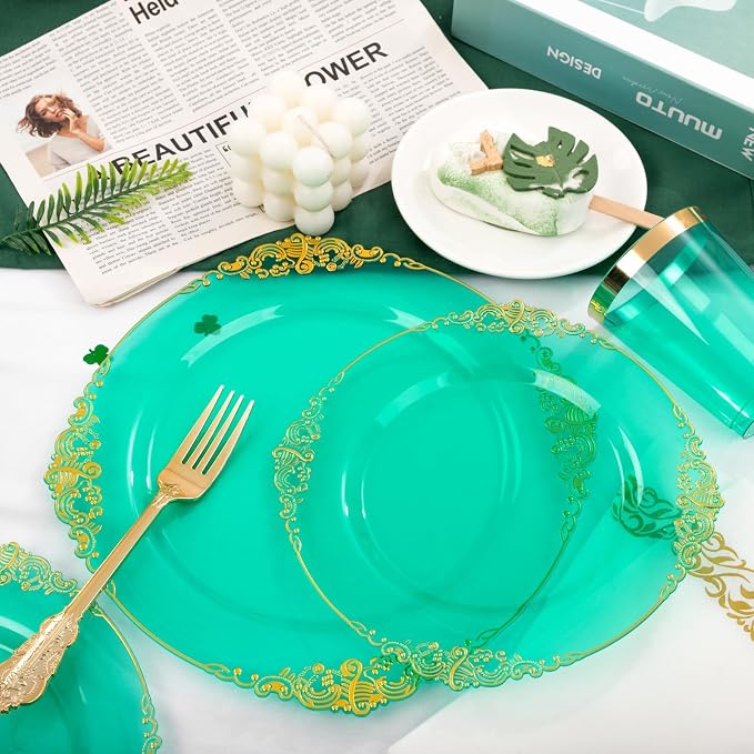 350 Pcs Green Gold Plates for St. Patrick's Day | Green Party Plates Set for 50 - Image 5