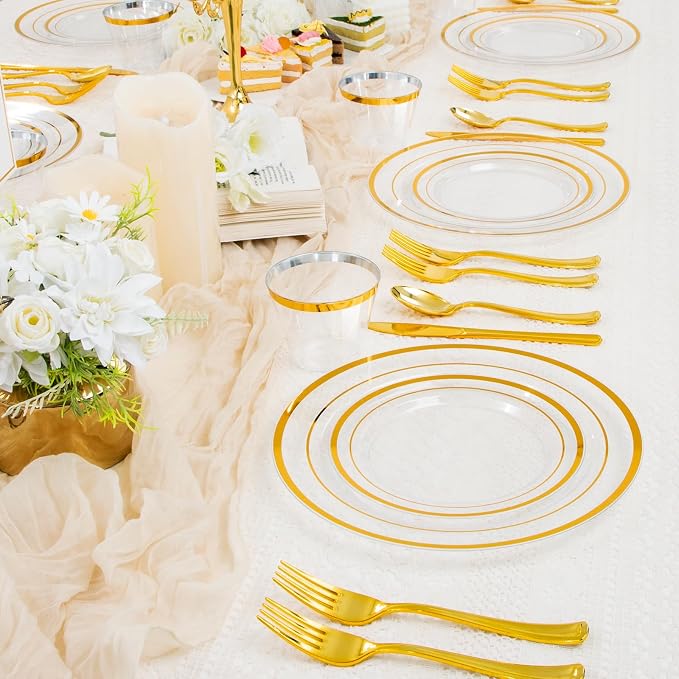 WELLIFE Clear and Gold Plastic Plates, Dinnerware Set - Image 2