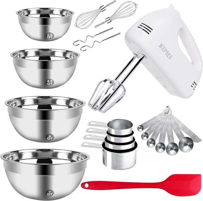 WEPSEN 5-Speed Electric Hand Mixer, 4 Large Mixing Bowls Set, Handheld Mixers by WEPSEN