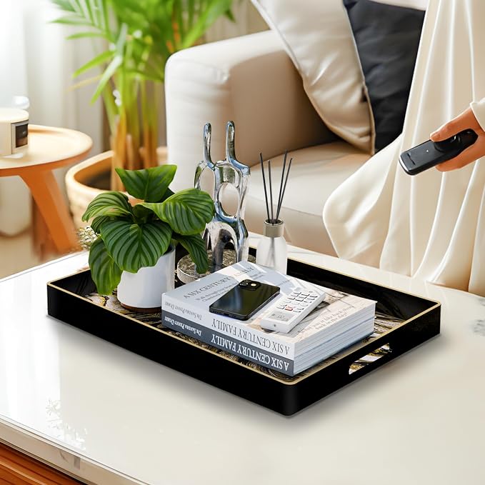 Plastic Serving Tray with Handles, Rectangle Black Decorative Tray | Coffee - Image 6