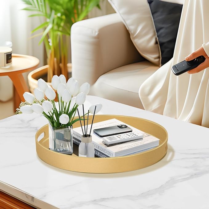 13" Gold Decorative Tray, Plastic Round Serving Tray - Image 5