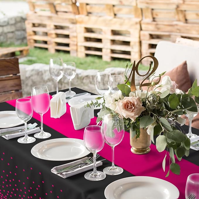 8Pack Disposable Plastic Party Tablecloths and Satin Table Runner Set Black Hot - Image 6