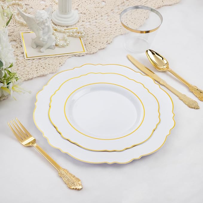 350PCS Gold Plastic Plates-Disposable White and Gold Plates 50guest Baroque - Image 7