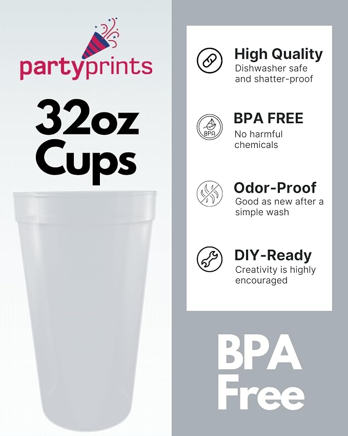 PartyPrints 10 Pack 32 oz Clear Reusable Blank Plastic Cups, Colored Plastic - Image 2