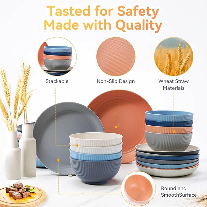 Wheat Straw Dinnerware Sets, 64-Piece Plates and Bowls Sets - Image 3