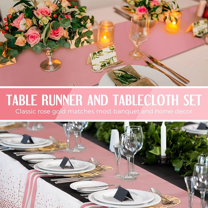 24 Packs Rose Gold and White Disposable Tablecloths and Satin Table Runner Set - Image 5