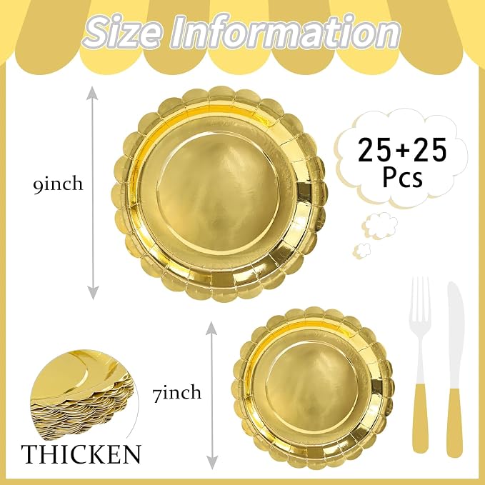 50 Pcs Gold Scalloped Paper Plates 25 × 7'' and 25 × 9'' Disposable Gold - Image 3