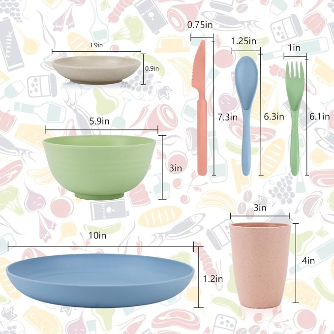 wheat straw bowls, cups and cutlery sets 28 pcs - Image 2