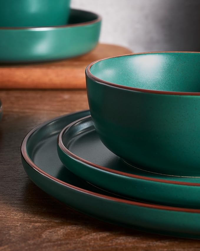 Famiware Mercury 12-Piece Stoneware Dinnerware Set, Dark Green | Plates and - Image 4