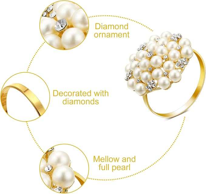 Hotop 24 Pcs Gold Napkin Rings Pearls and Flower Napkin Buckles Rhinestone - Image 6