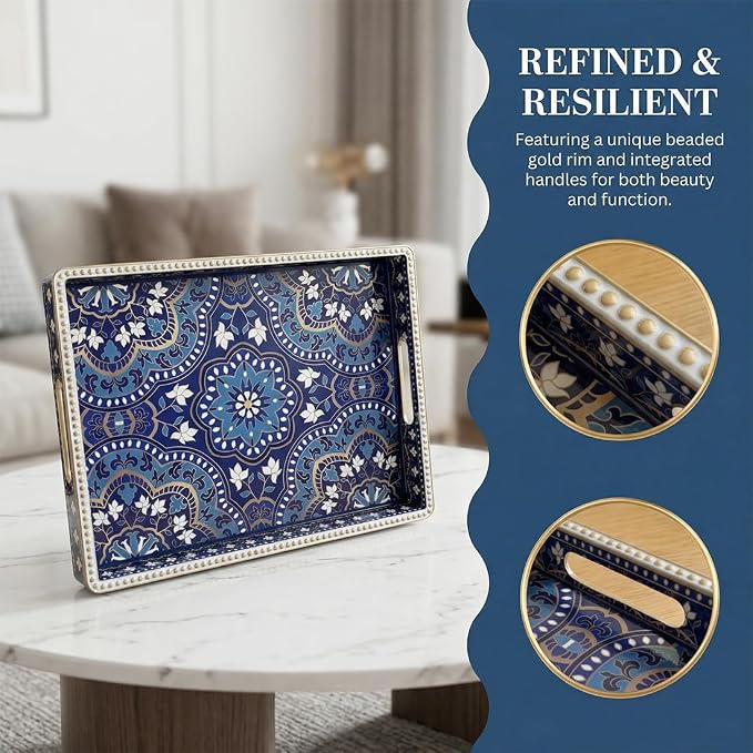 Boho Serving Tray with Handles, Large Rectangular Decorative Ottoman Tray with - Image 5